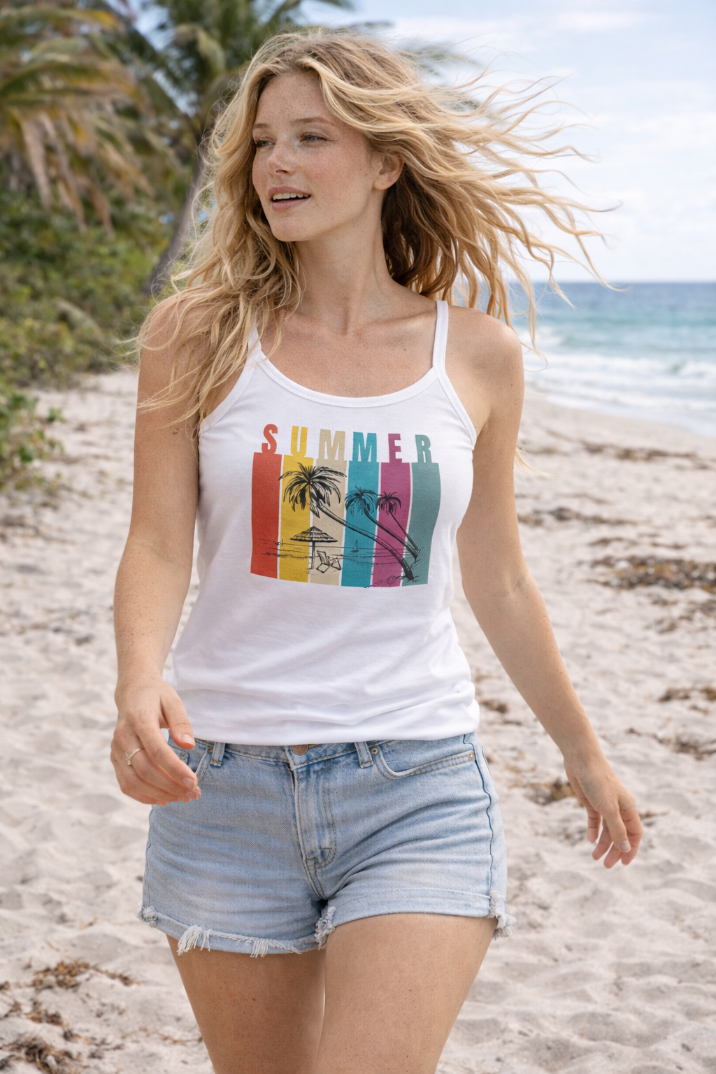 Summer Palm Crop Tank — Women's Spaghetti Strap Summer Tank Top