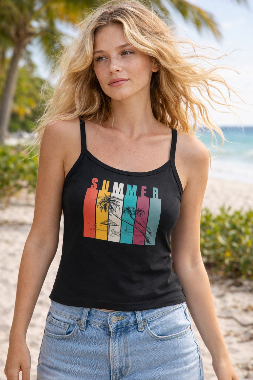 Summer Palm Crop Tank — Women's Spaghetti Strap Summer Tank Top