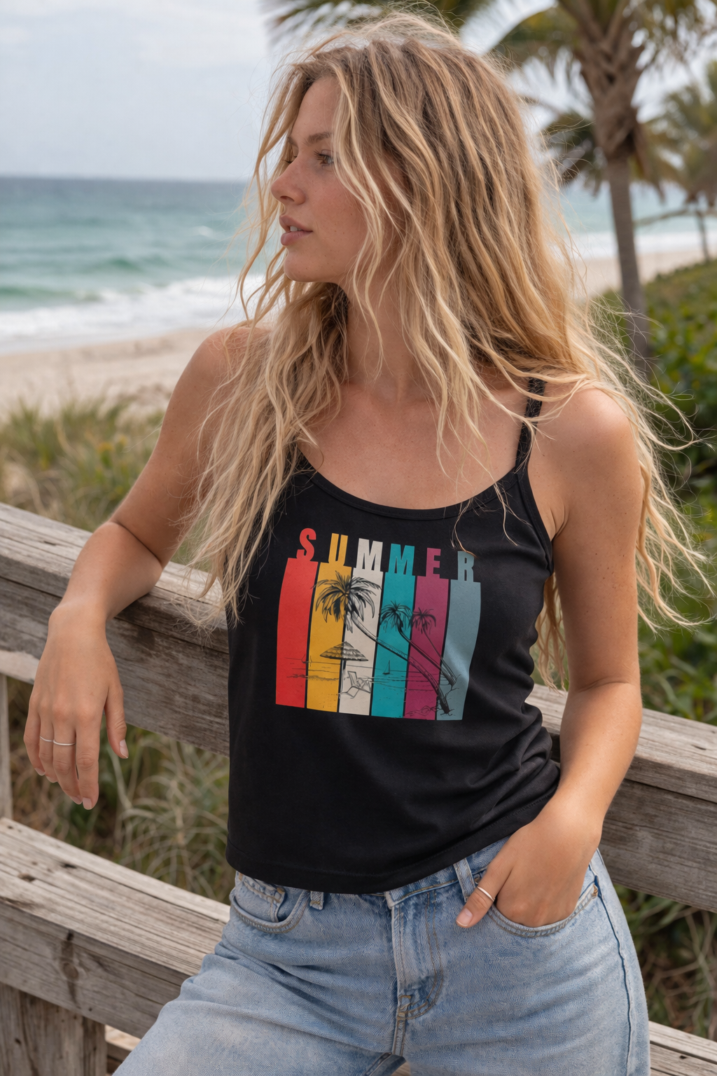 Summer Palm Crop Tank — Women's Spaghetti Strap Summer Tank Top
