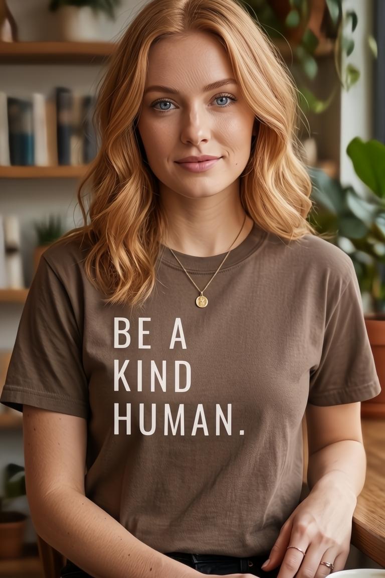 Woman in a brown "BE A KIND HUMAN." graphic tee, gold necklace, with wavy blonde hair.
