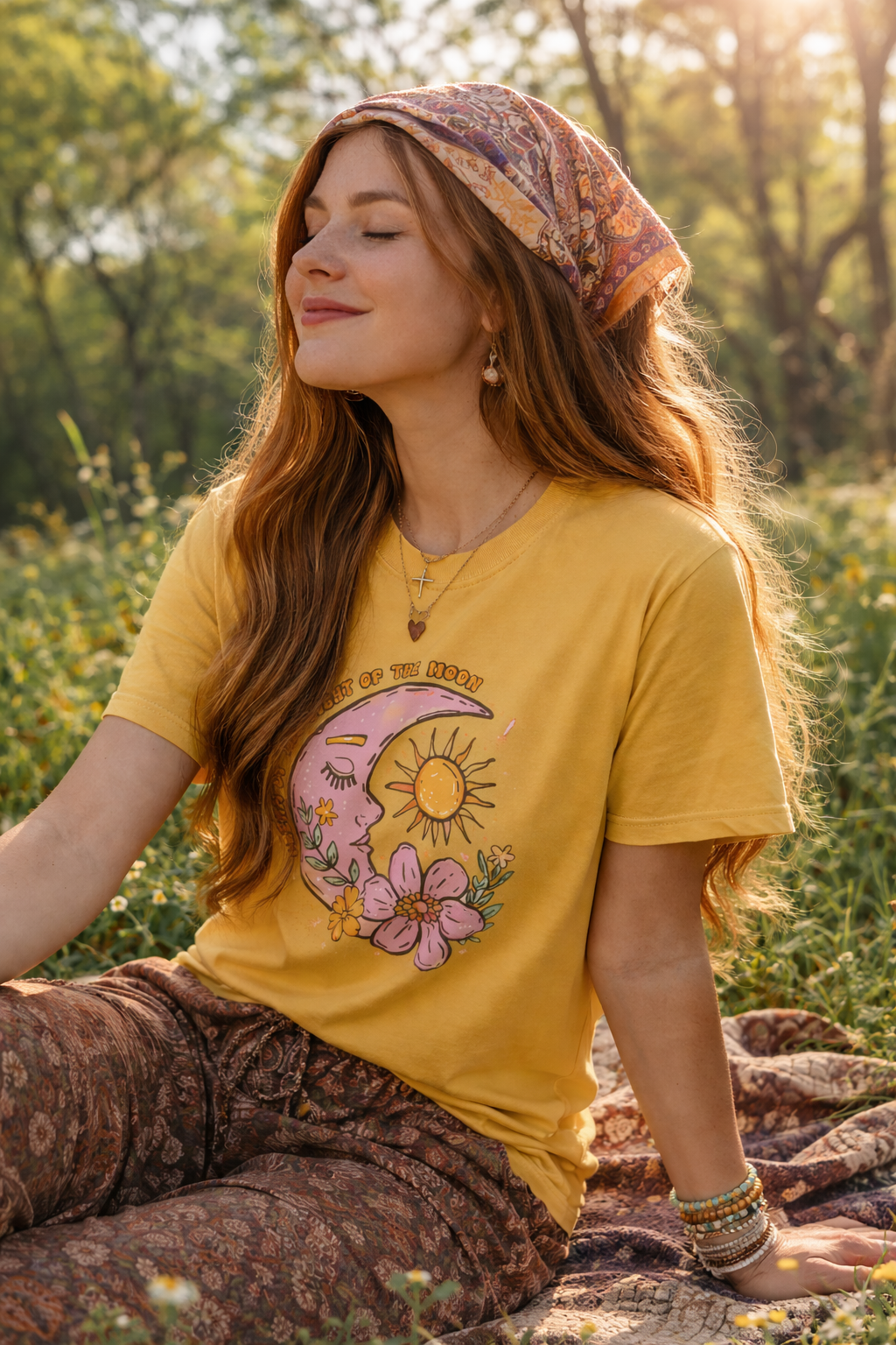 Retro Floral Sun & Moon T-Shirt — "Live By The Light of The Moon" Graphic Tee