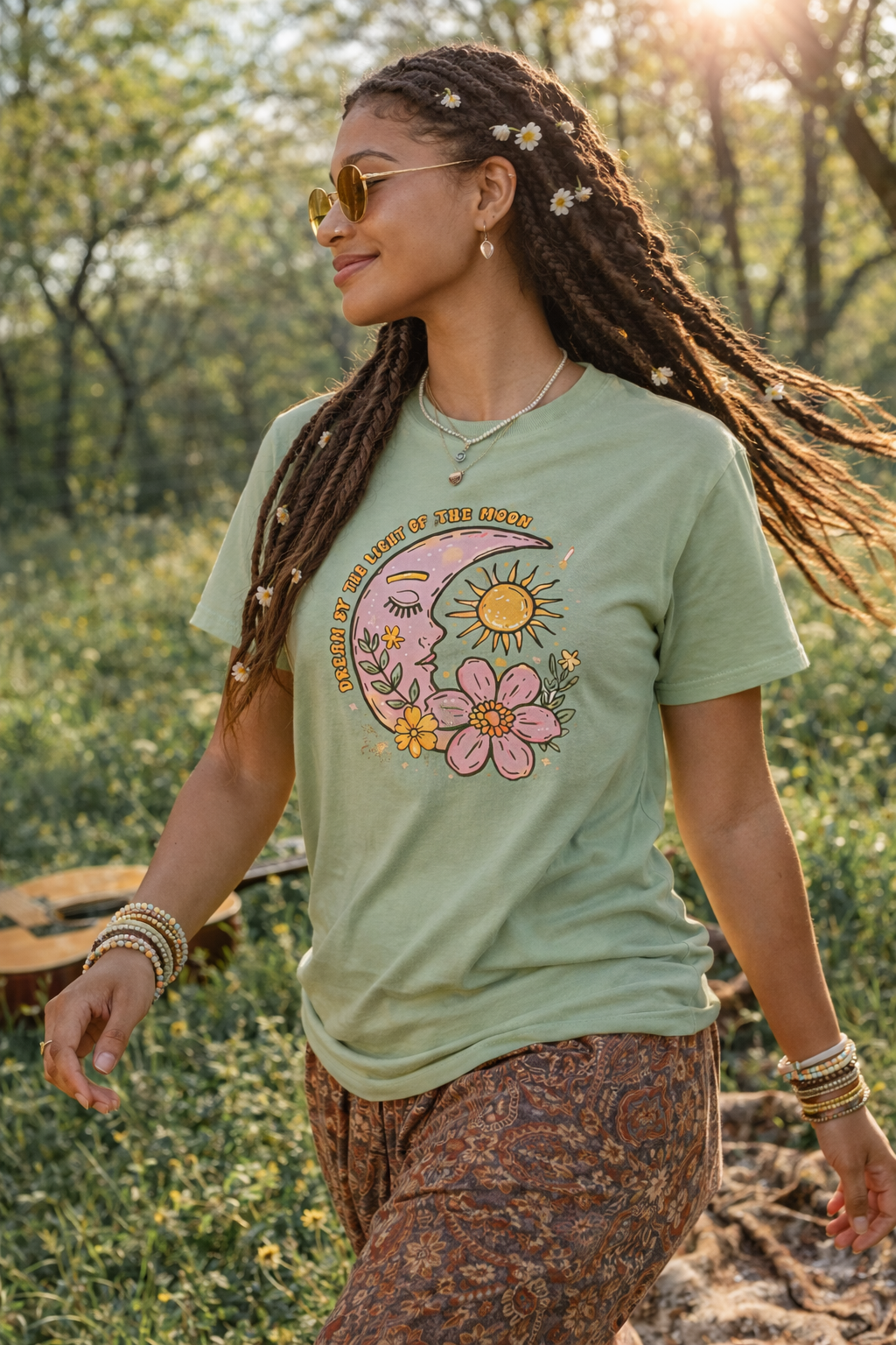 Retro Floral Sun & Moon T-Shirt — "Live By The Light of The Moon" Graphic Tee