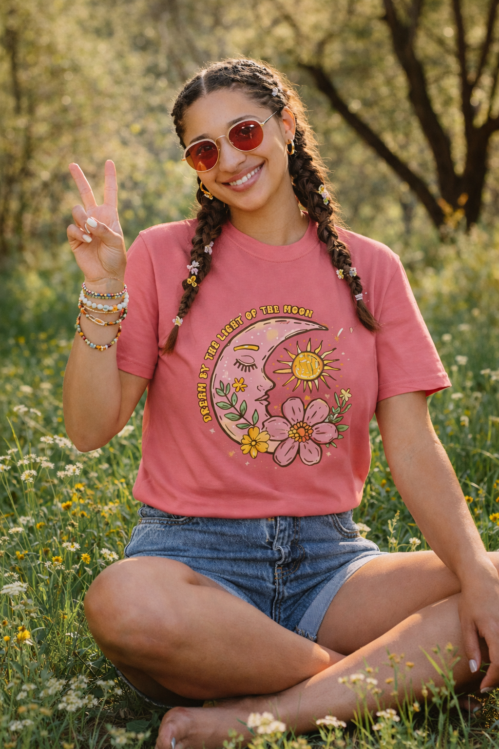 Retro Floral Sun & Moon T-Shirt — "Live By The Light of The Moon" Graphic Tee