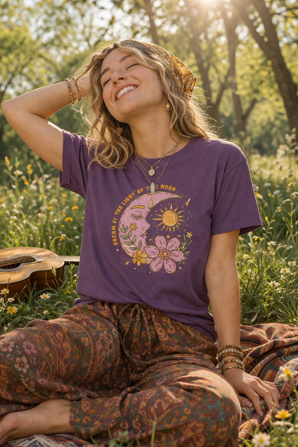 Retro Floral Sun & Moon T-Shirt — "Live By The Light of The Moon" Graphic Tee