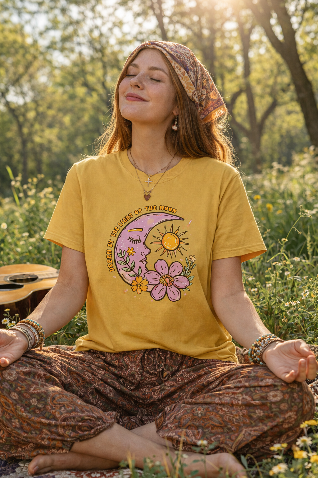 Retro Floral Sun & Moon T-Shirt — "Live By The Light of The Moon" Graphic Tee