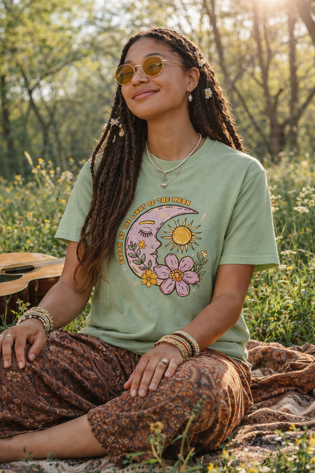 Retro Floral Sun & Moon T-Shirt — "Live By The Light of The Moon" Graphic Tee
