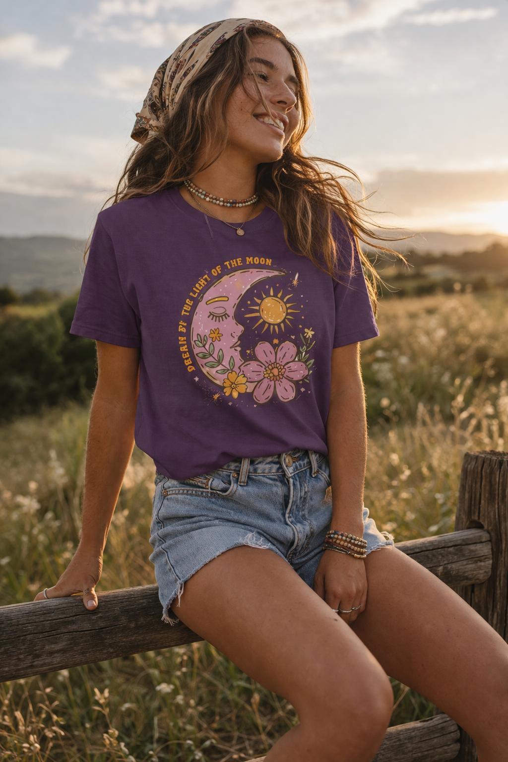 Retro Floral Sun & Moon T-Shirt — "Live By The Light of The Moon" Graphic Tee