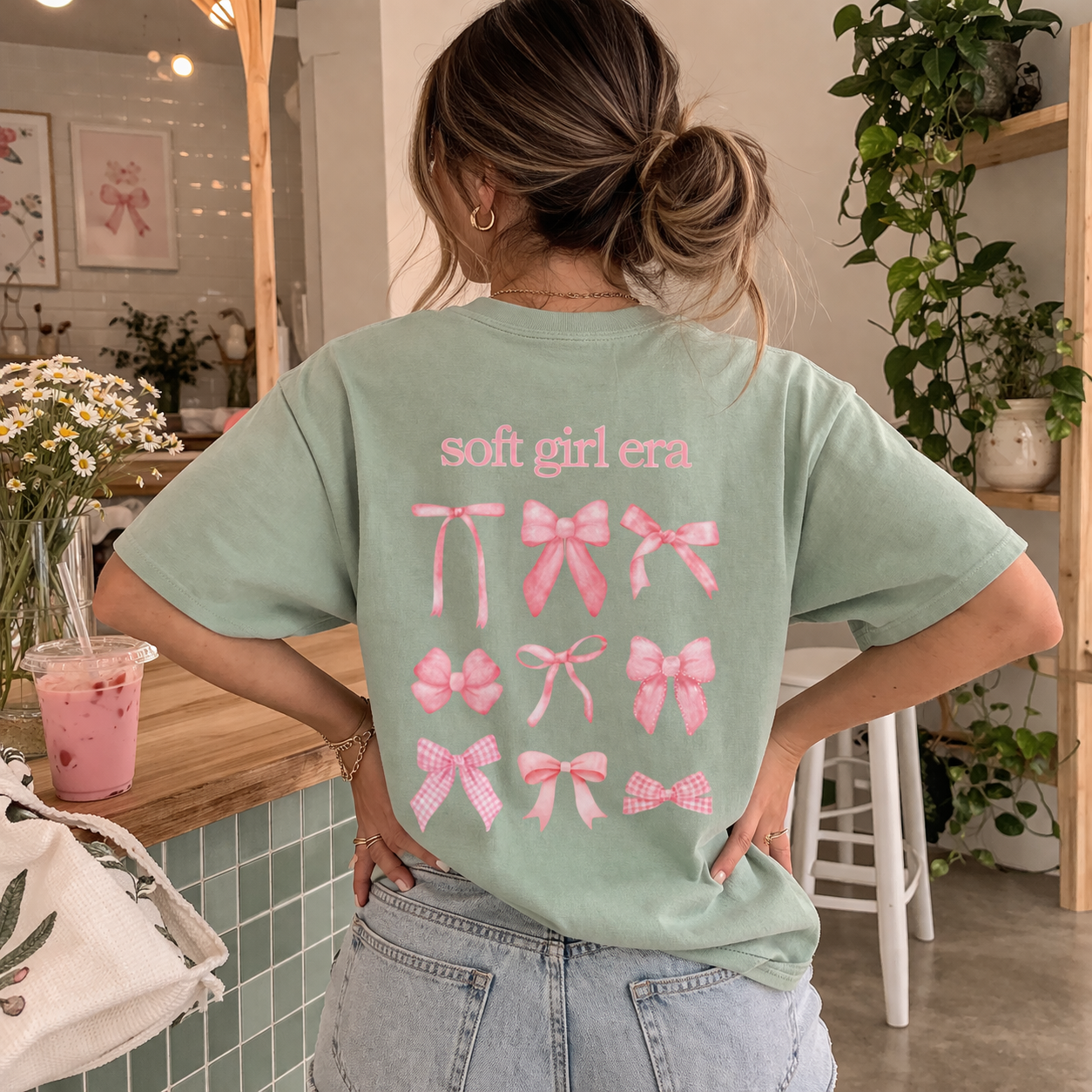 Person wearing a green t-shirt with pink graphics and text in a casual setting.