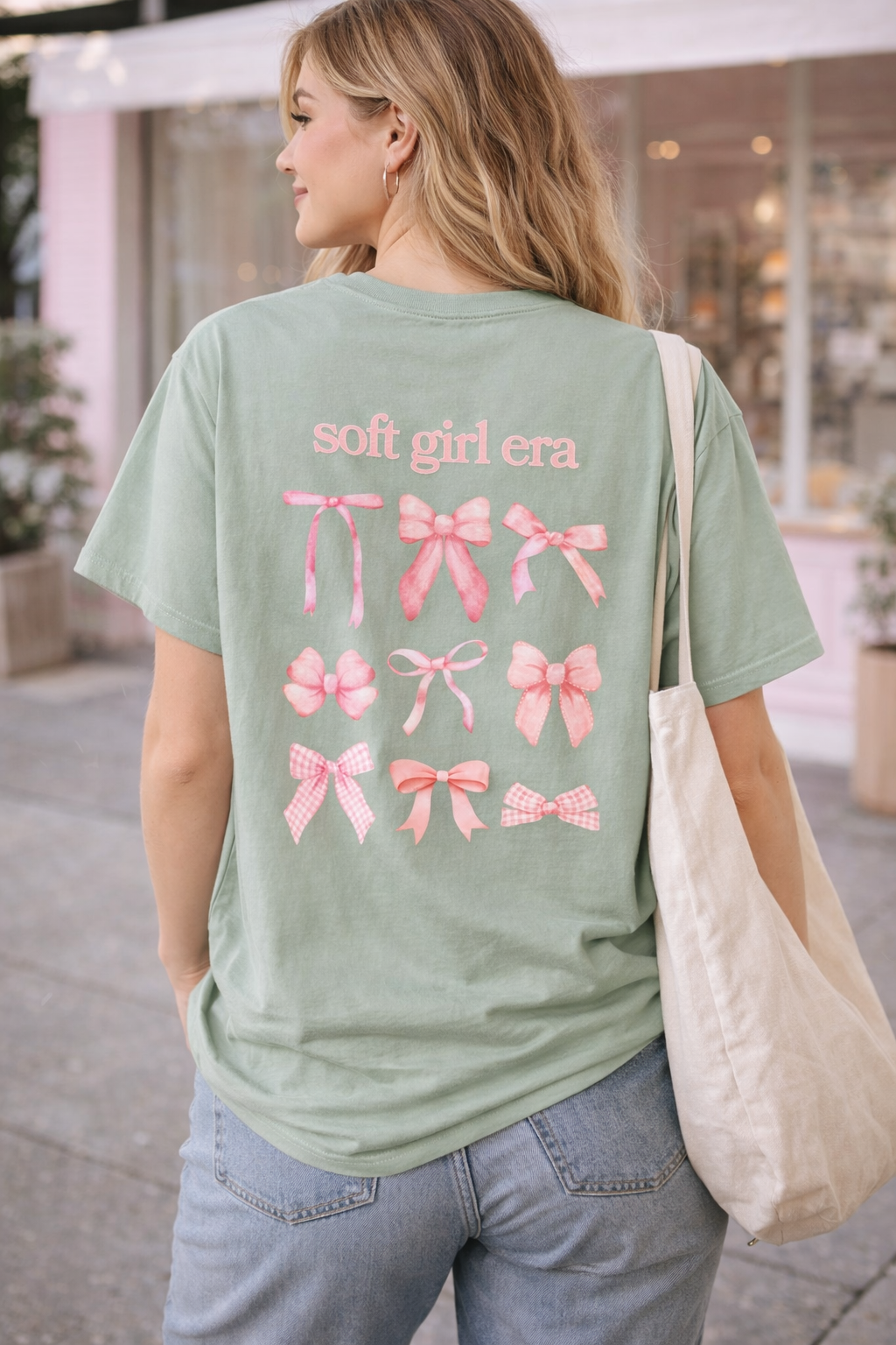 Person wearing a green t-shirt with pink graphics and text, standing outdoors.