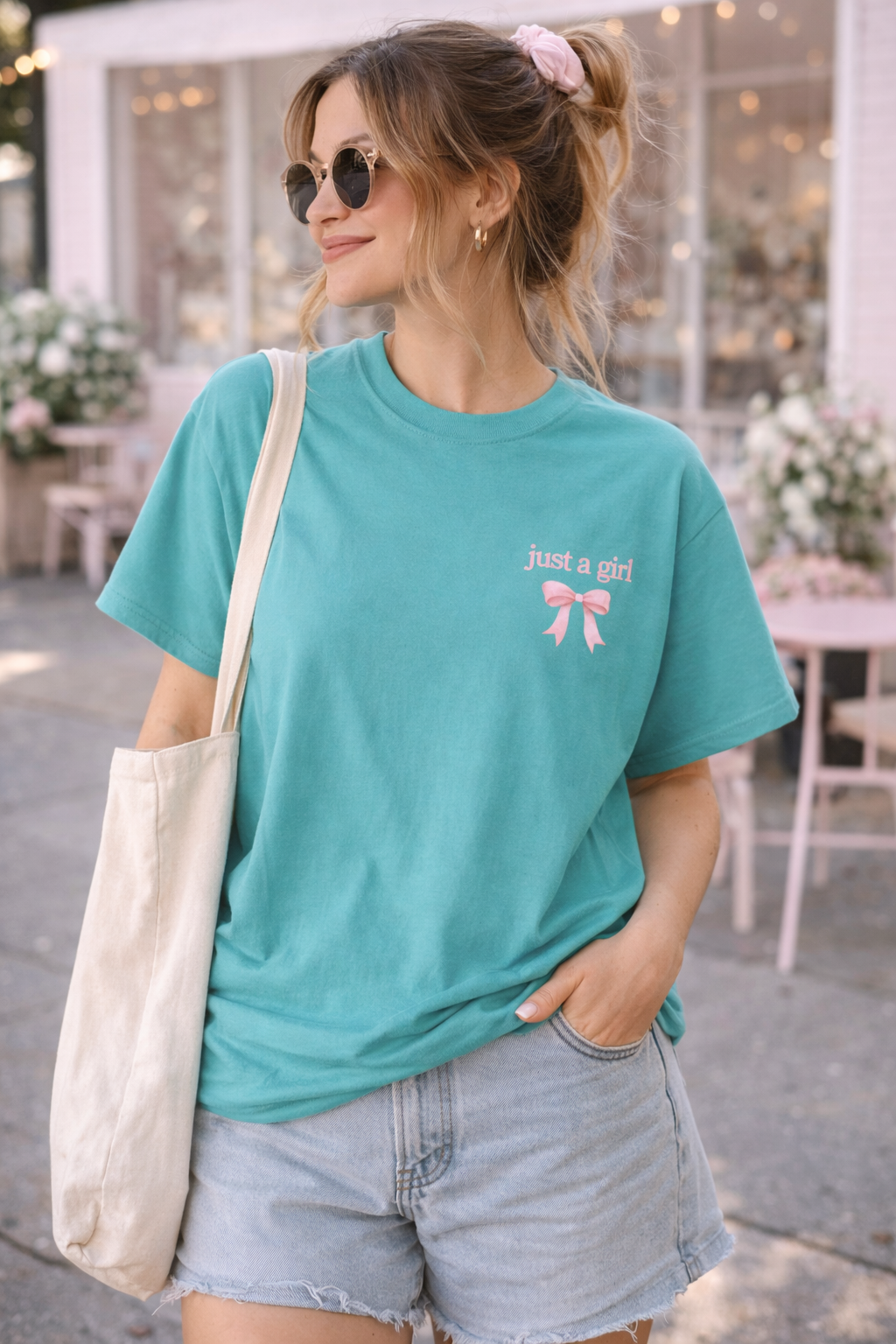 Woman wearing a teal t-shirt with a pink bow design, standing outdoors.