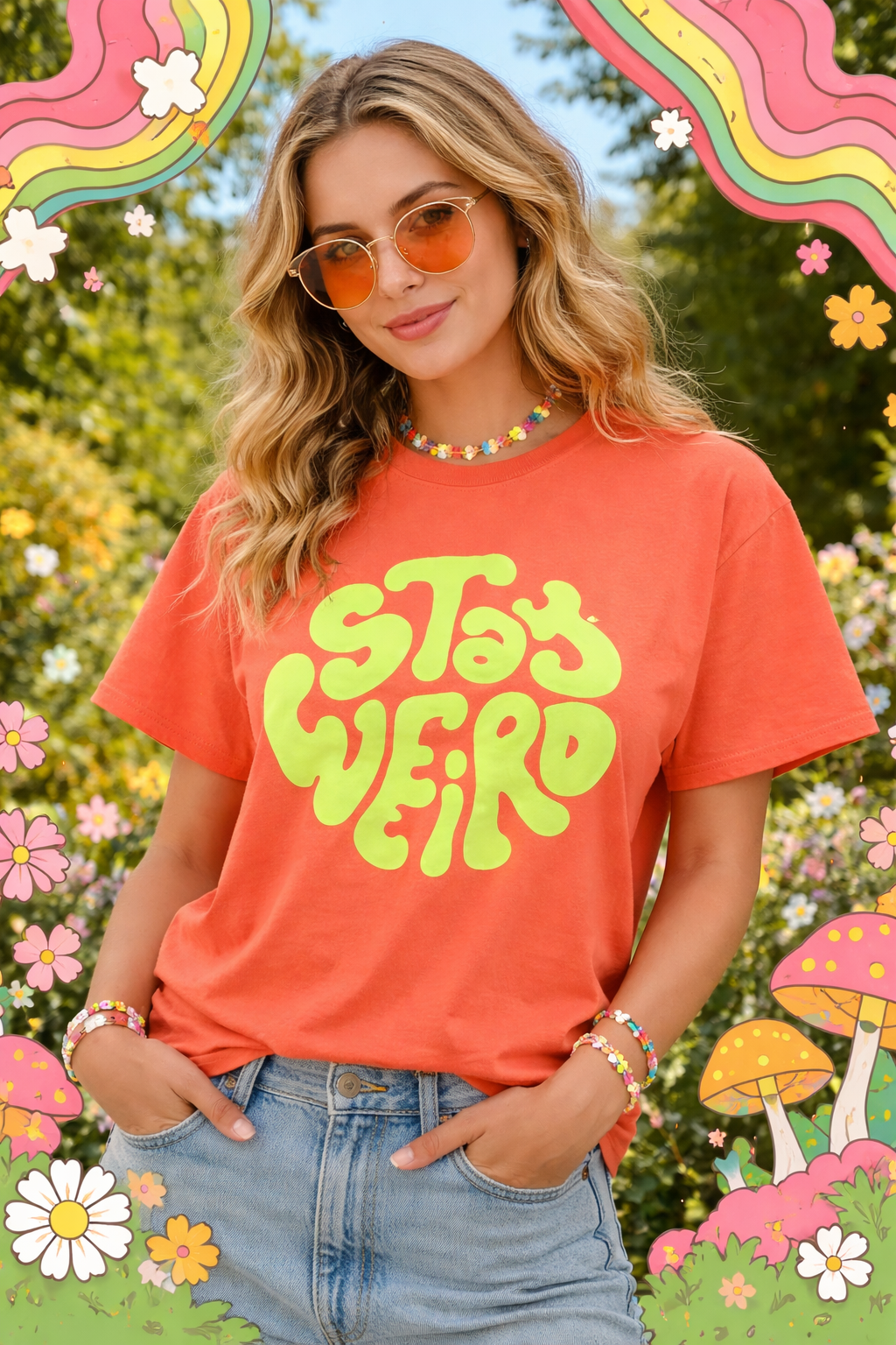 Person wearing a bright orange t-shirt with 'Stay Weird' in green, surrounded by colorful graphics and nature.