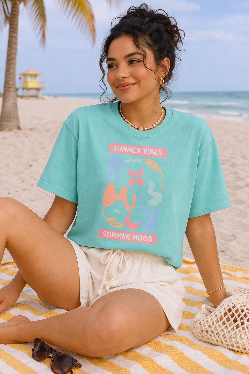 Woman sitting on a beach with a turquoise t-shirt featuring colorful graphics and text.