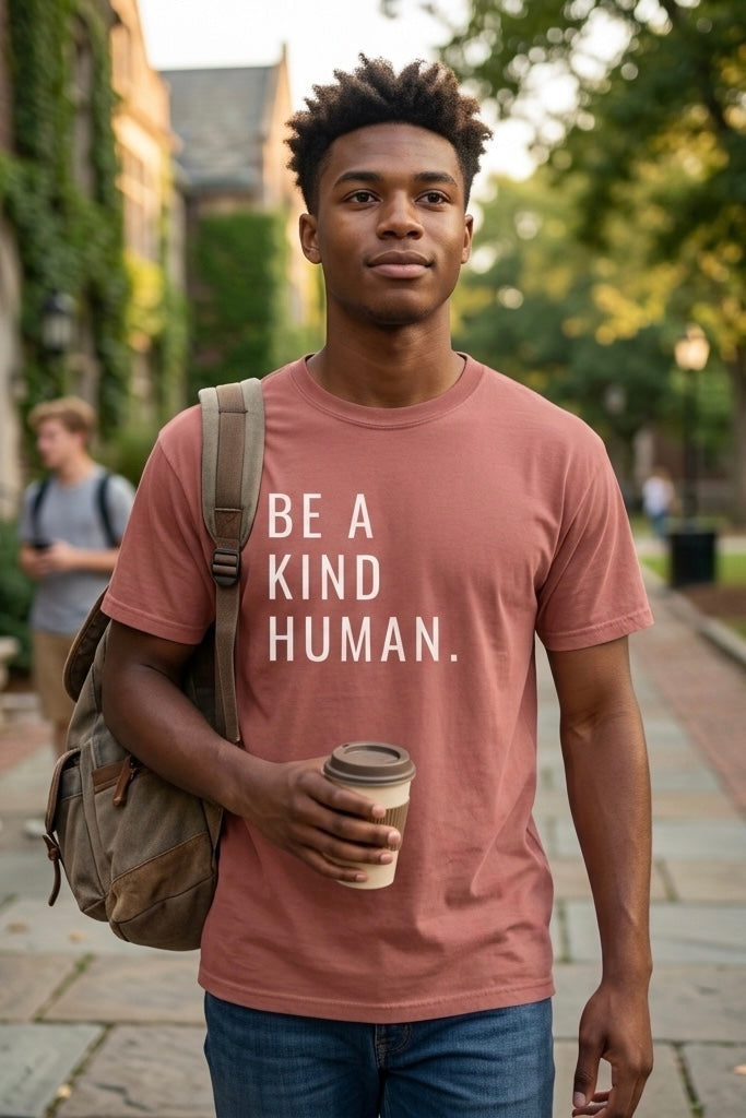 Man wearing a 'Be a Kind Human' t-shirt holding a coffee cup on a college campus.