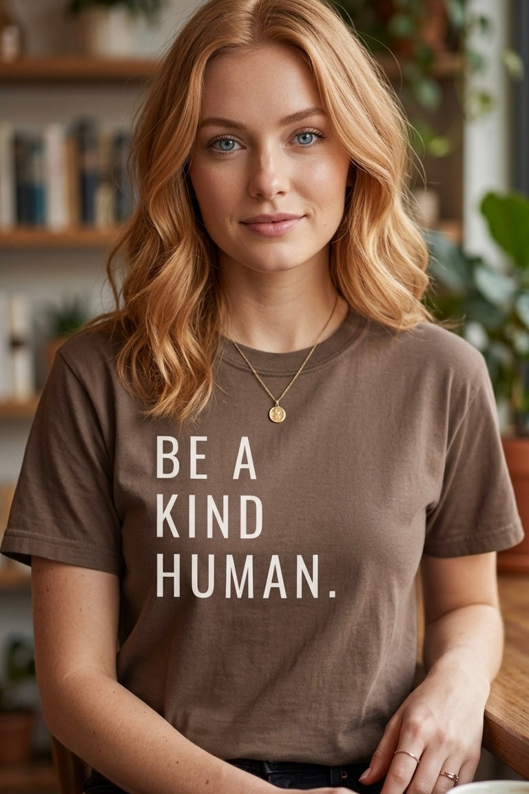 Woman wearing a brown t-shirt with 'Be a Kind Human' text in a home setting.