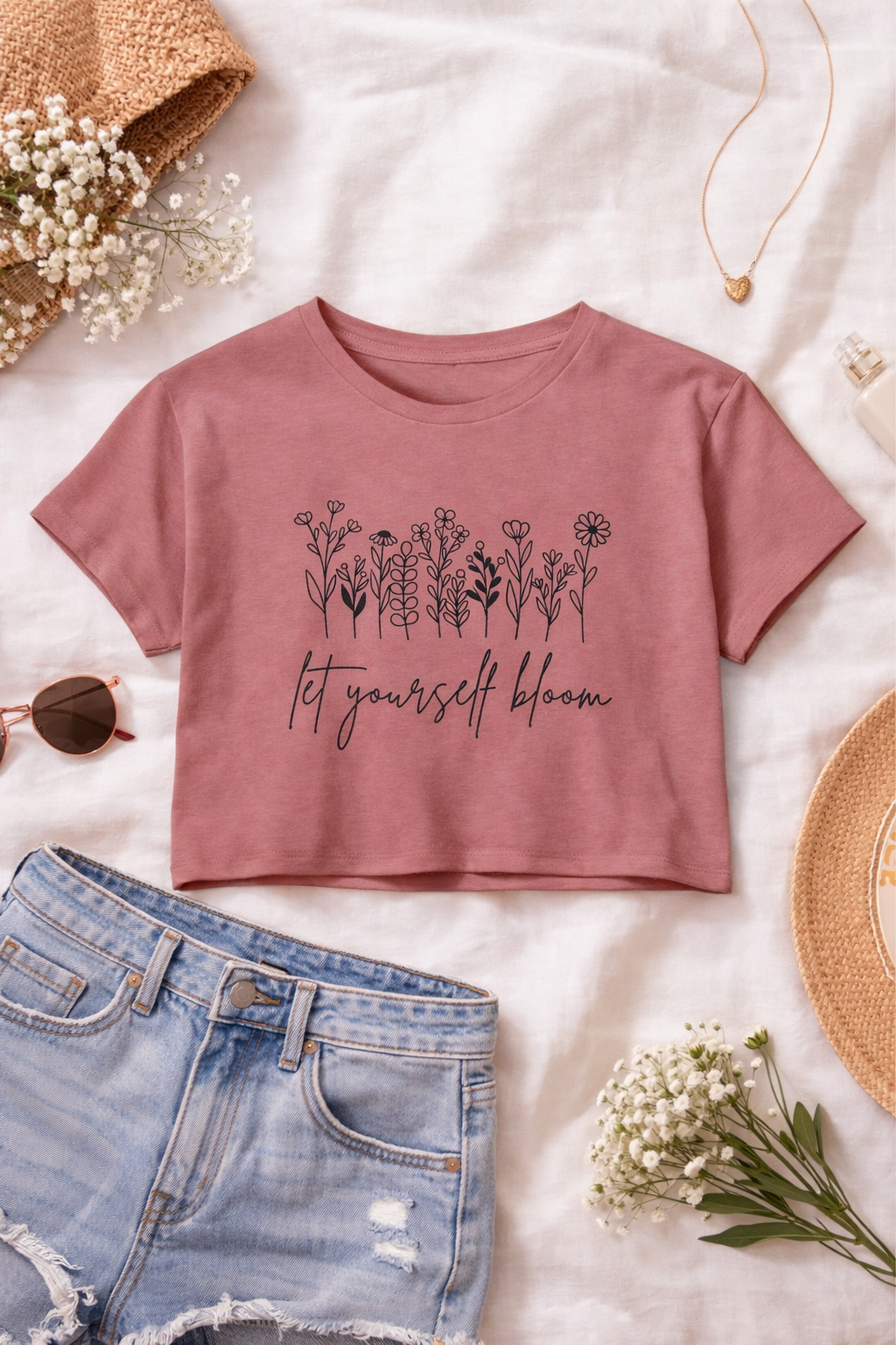 Pink t-shirt with floral design and text on a light background with accessories.