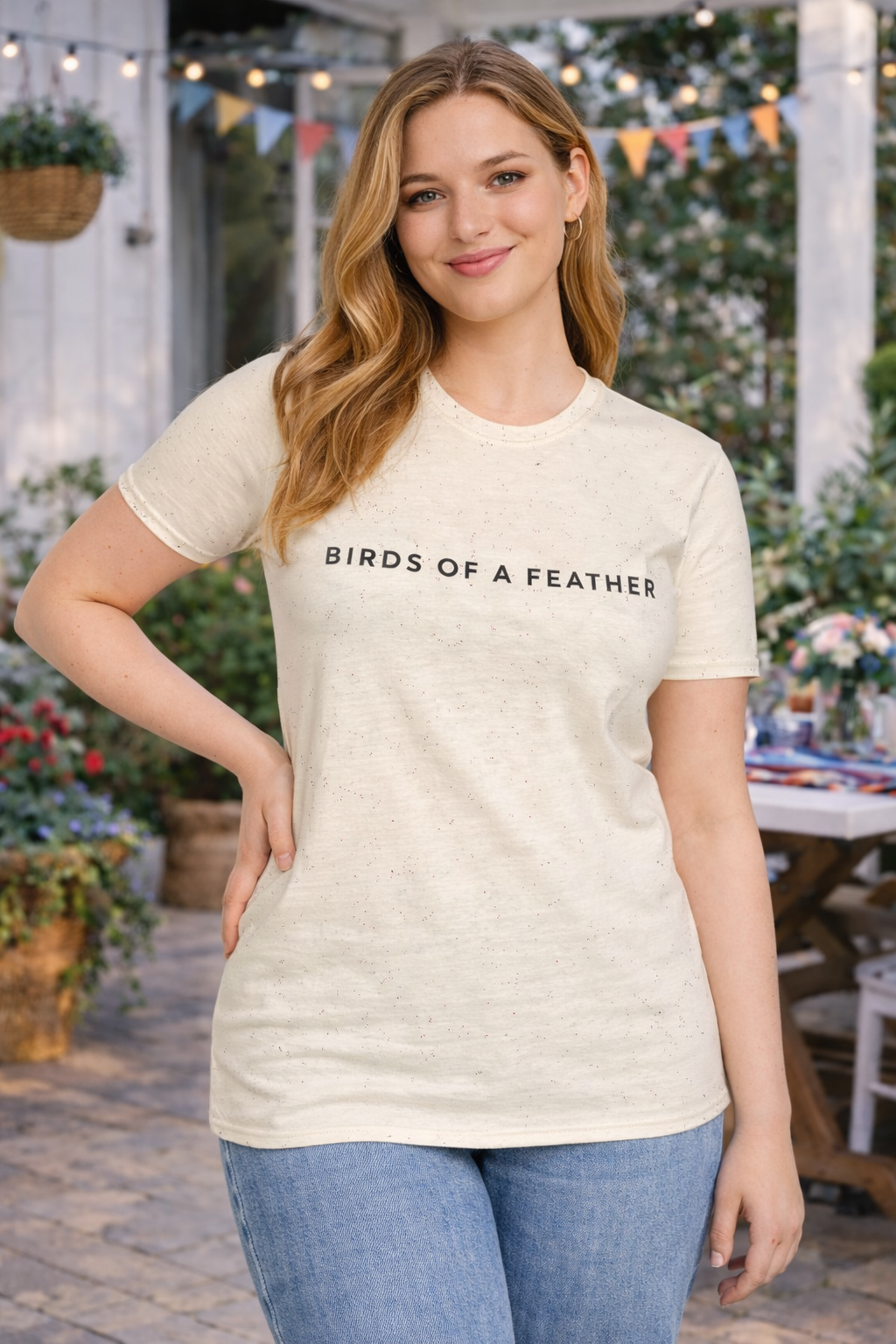 Woman wearing a beige t-shirt with 'Birds of a Feather' text in an outdoor setting.