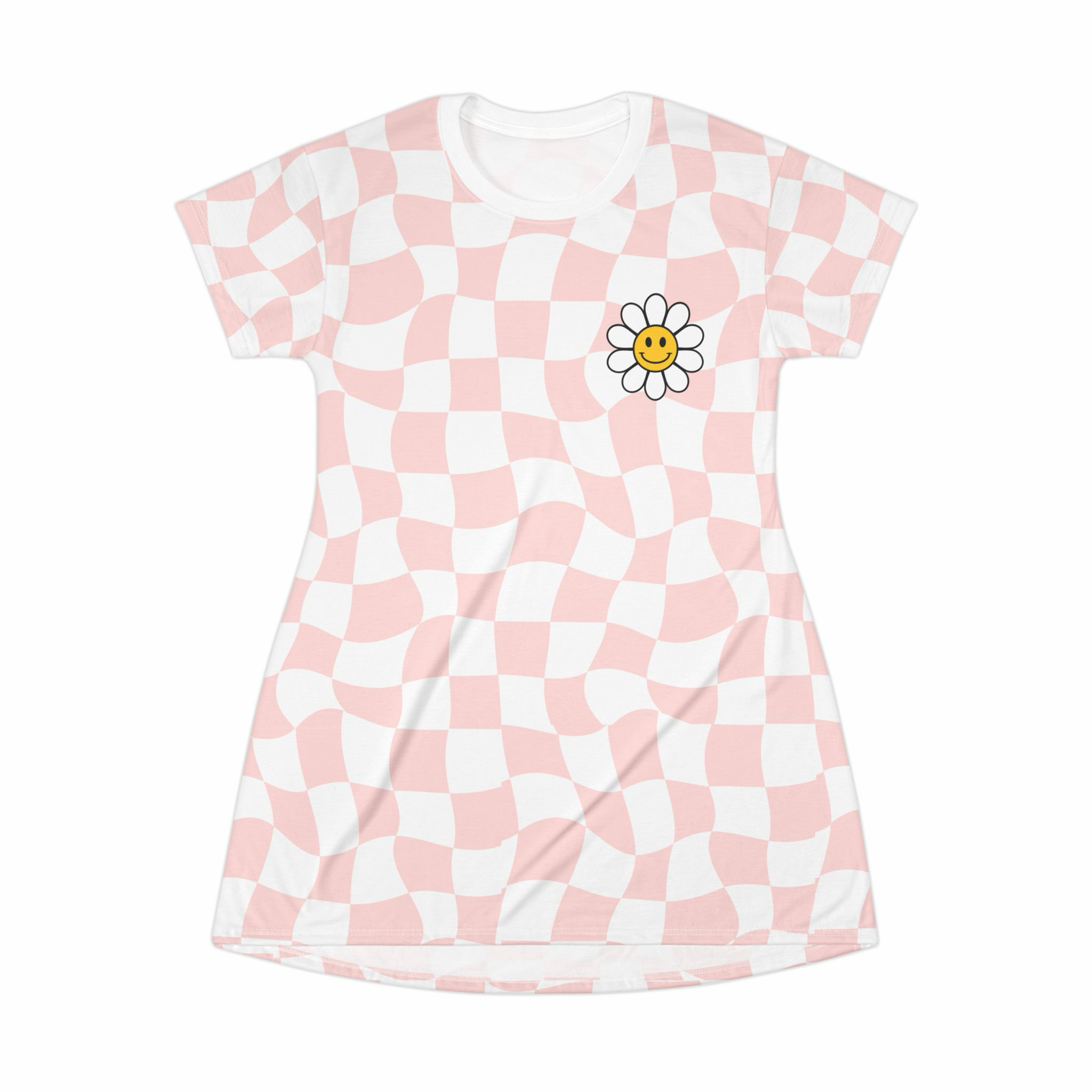 Checkered dress with a smiley flower design on a white background
