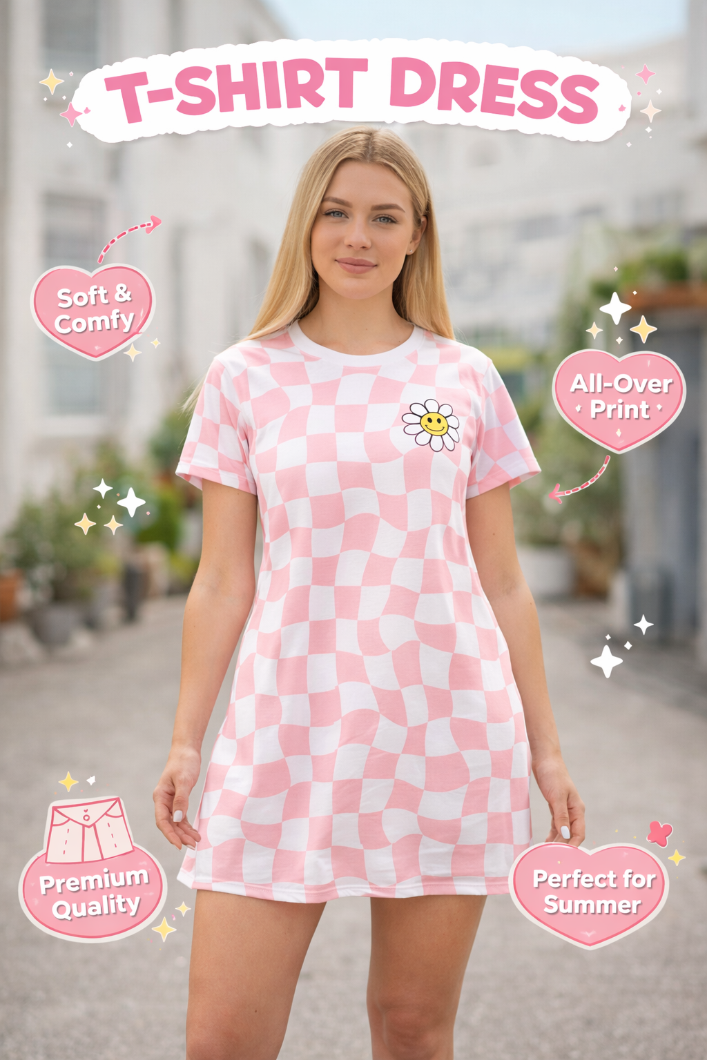 Woman wearing a pink checkered t-shirt dress with text highlighting features like 'Soft & Comfy', 'All-Over Print', 'Premium Quality', and 'Perfect for Summer'.