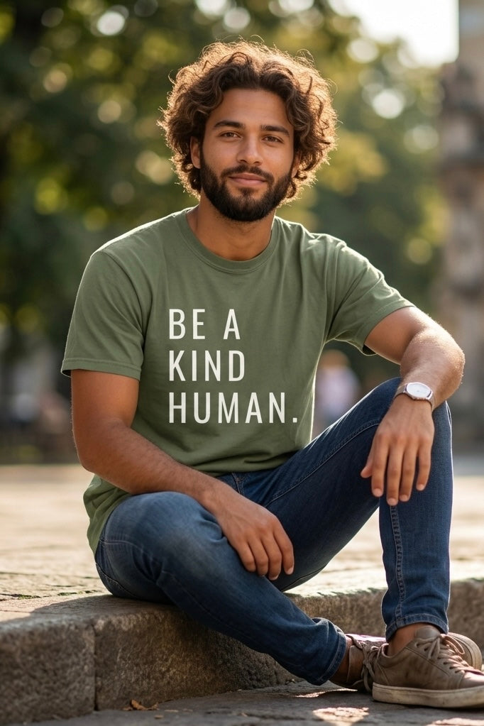 Man wearing a green t-shirt with 'Be a Kind Human' text, sitting outdoors.
